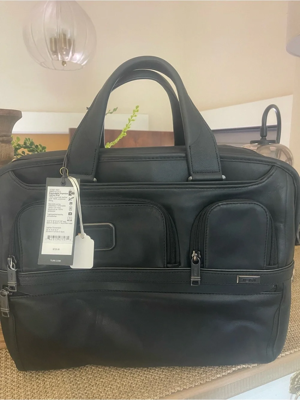 Tumi Black Leather Laptop Briefcase with Front Zip Pockets